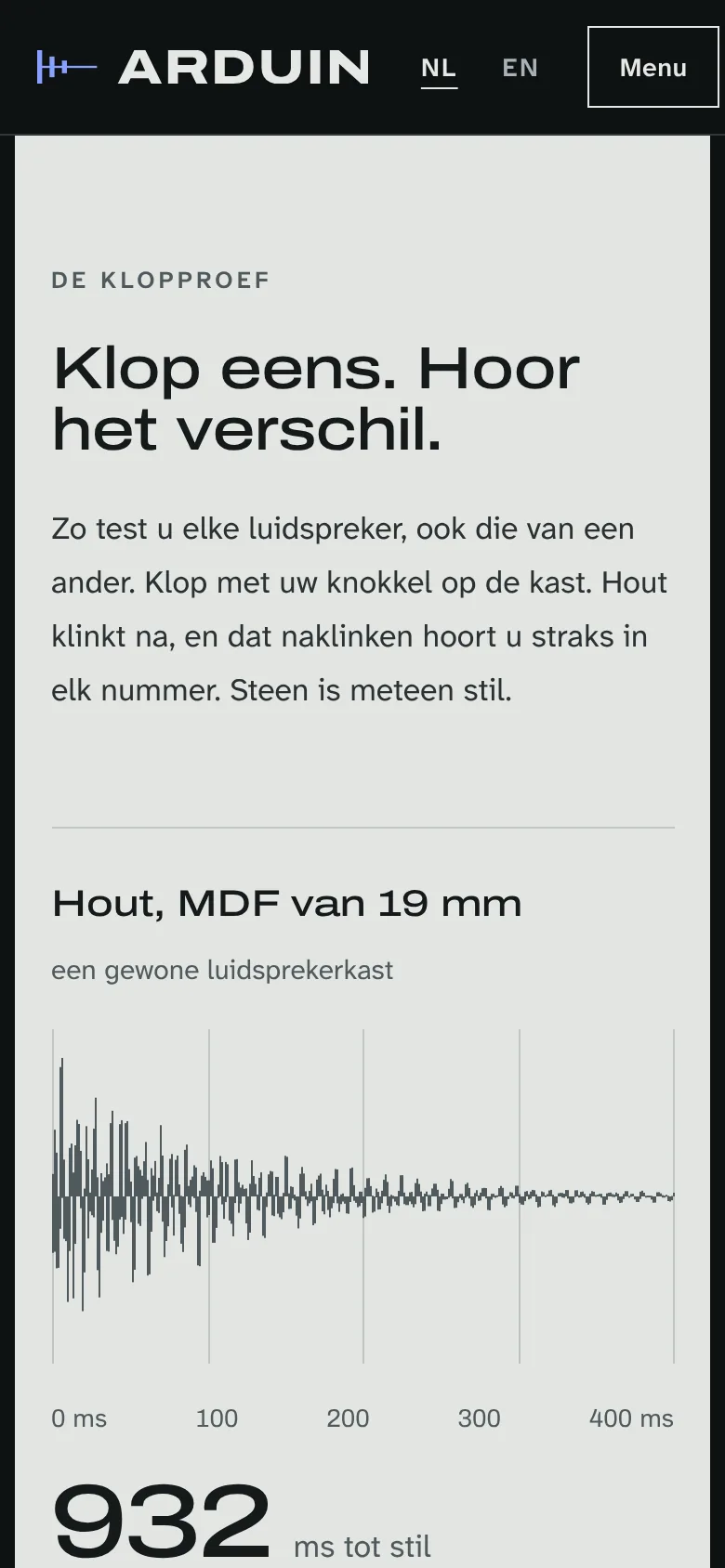 De klopproef op een gsm: een kast van MDF klinkt 932 milliseconden na.