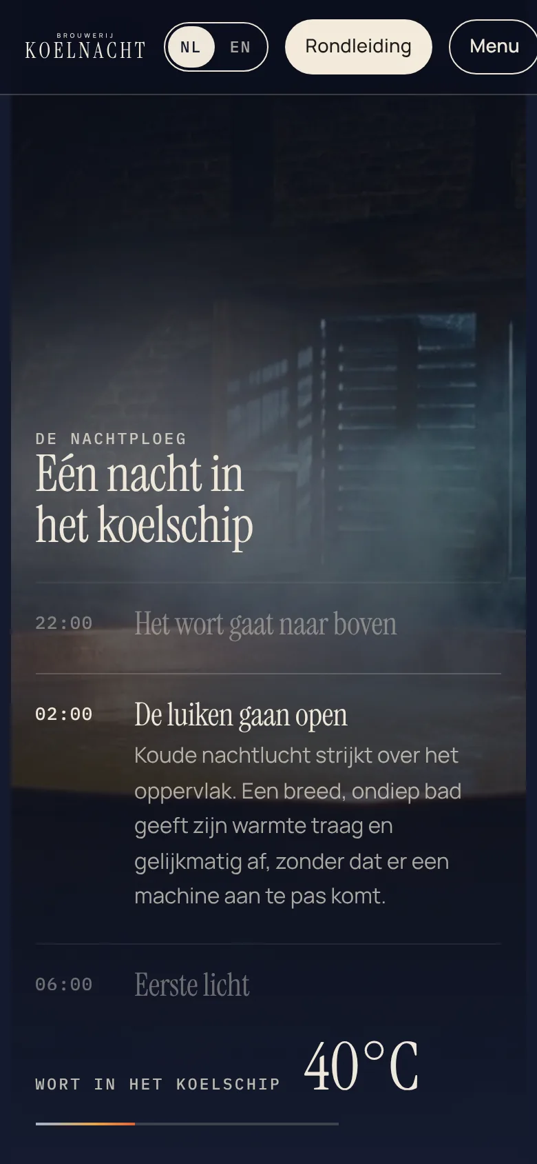 De site op een gsm: de nachtploeg, met de uren van 22:00 tot het eerste licht en de temperatuur van het wort.