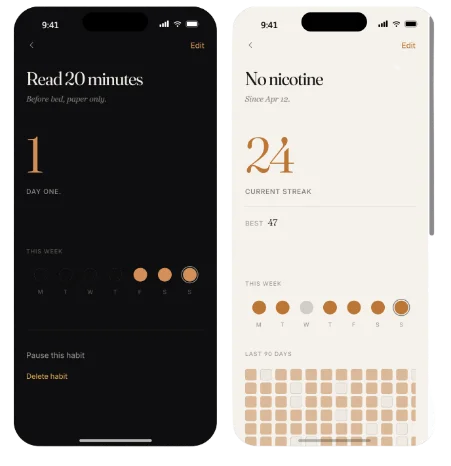 A habit and streak detail in Lumen — day count, this week, and history, in dark and light themes.