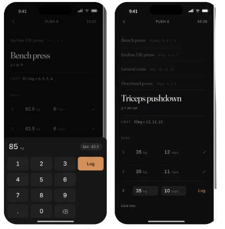 The Lumen training log — logged sets with weights and reps, shown in dark and light themes.