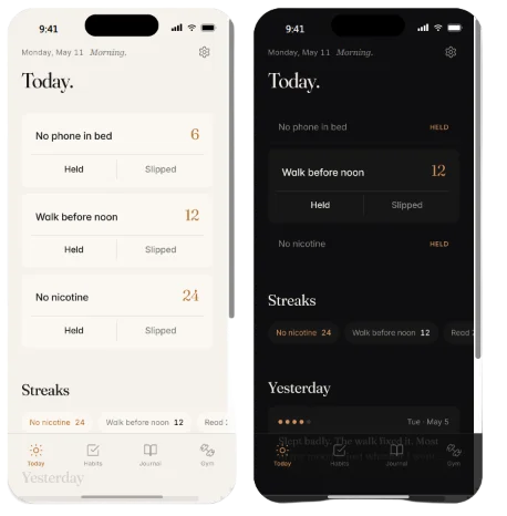 Lumen's daily dashboard — today's habits and streaks, shown in dark and light themes.