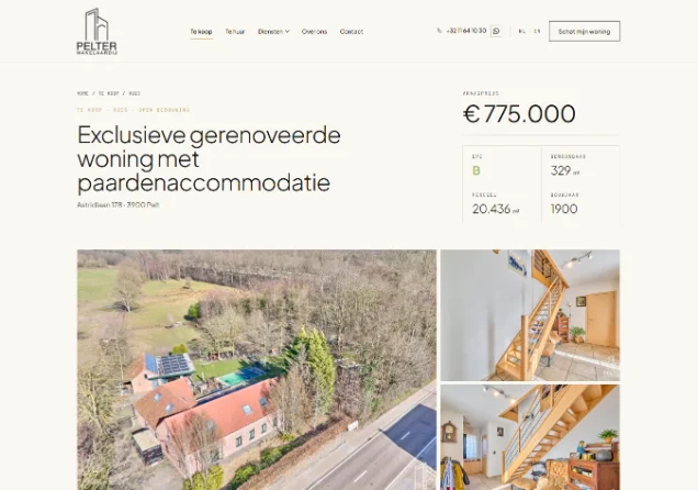 A te koop (for sale) property detail page on the Pelter Makelaardij site, led by the property photography.