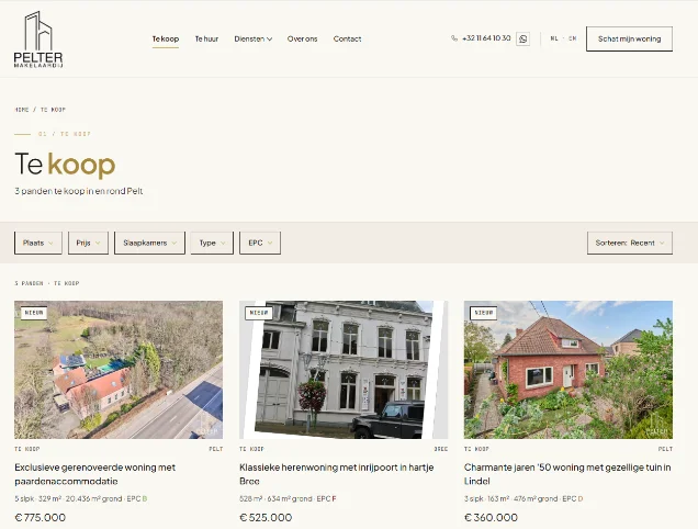 A te huur (for rent) listing on the Pelter Makelaardij site.