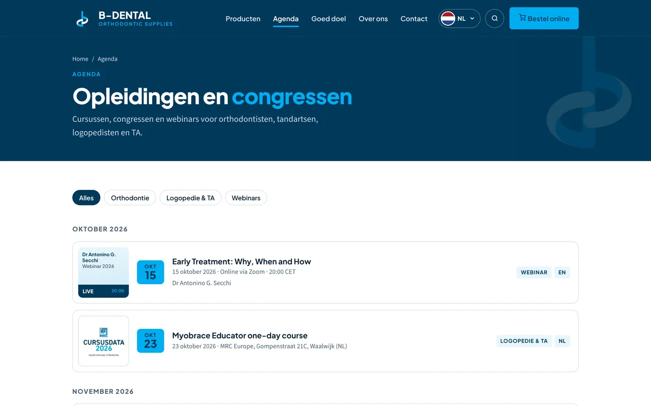 De agenda van B-Dental: cursussen, congressen en webinars per maand, met filters.