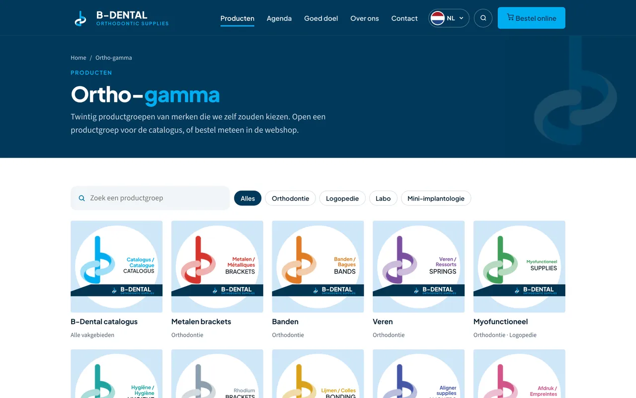 De productpagina van B-Dental: twintig productgroepen, met een zoekveld en filters.